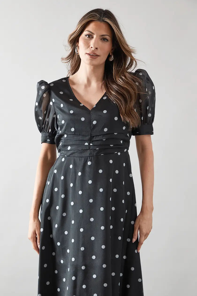 Spot Organza Ruched Front Midaxi Dress