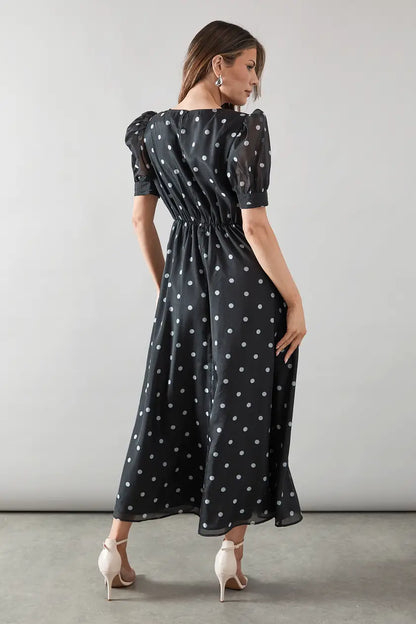 Spot Organza Ruched Front Midaxi Dress