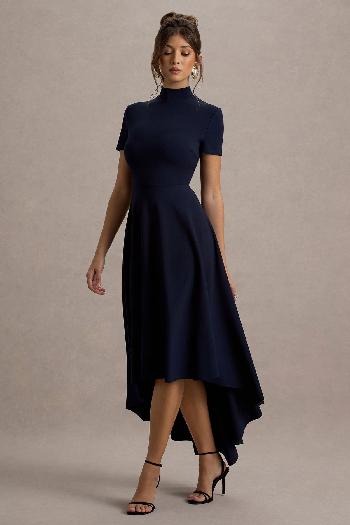 Bellona Navy High-Neck High-Low Midi Dress