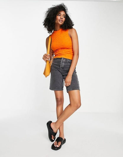 Topshop Textured High Neck Racer Tank in Orange