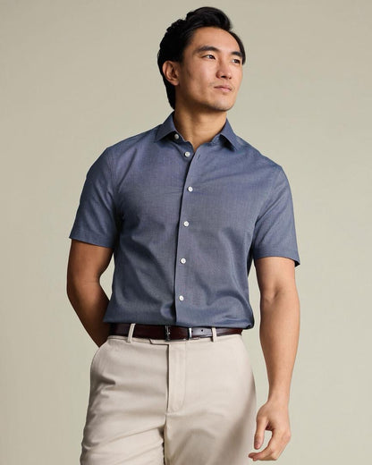 Short Sleeve Non-Iron Cotton Linen Slim Fit Shirt - Navy