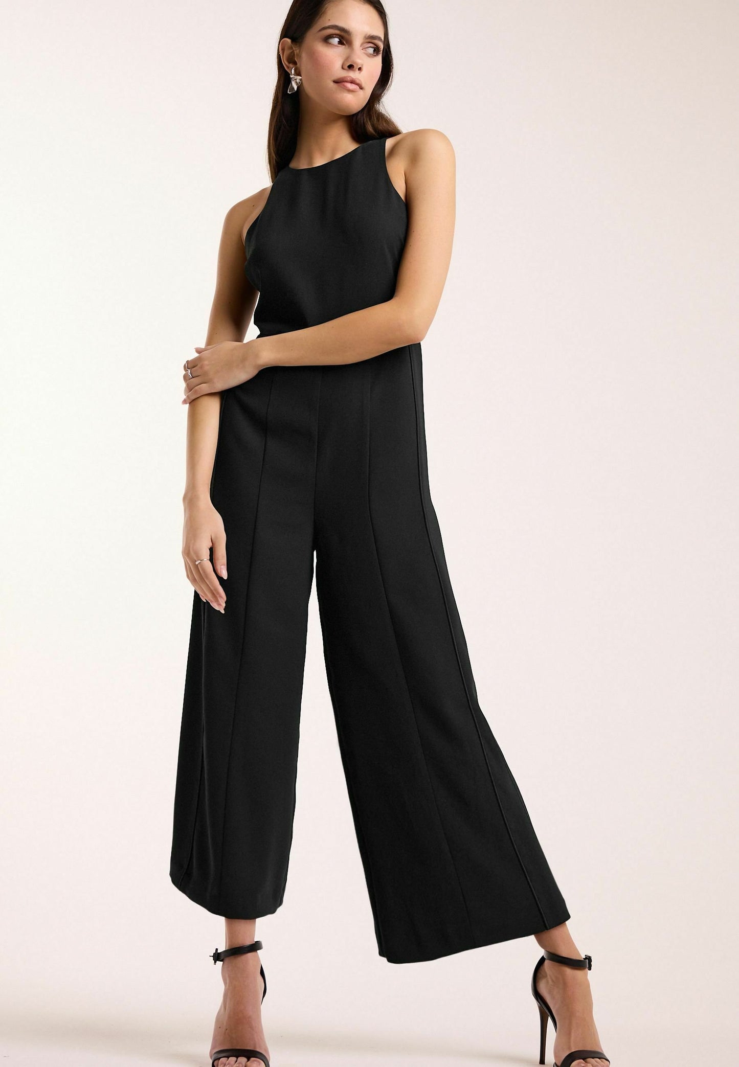 Black Sleeveless Wide Leg Crepe Jumpsuit