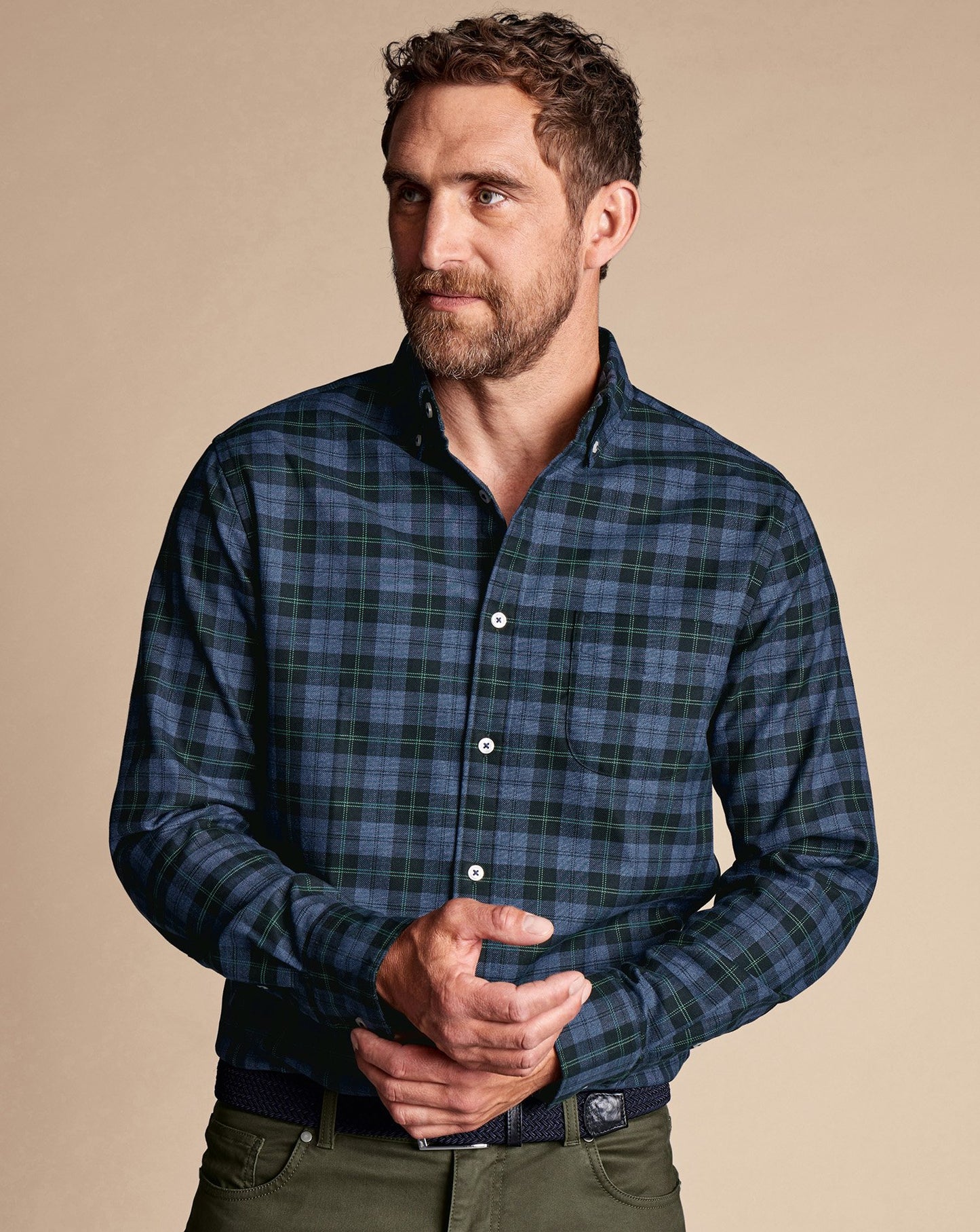Button-Down Collar Non-Iron Twill Overcheck Shirt - Green
