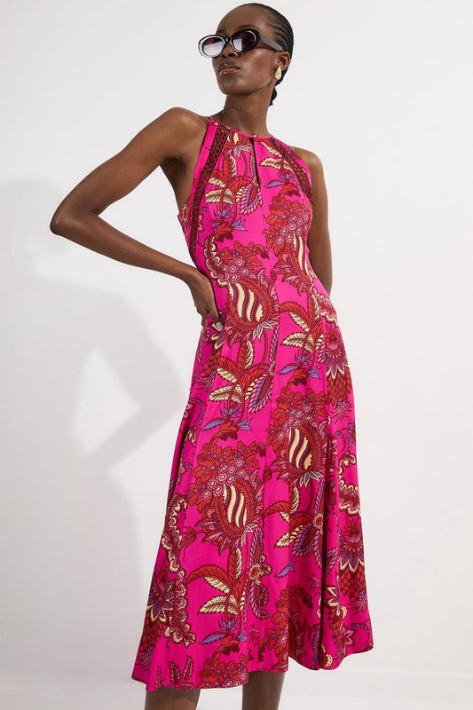 Viscose Floral Print Linen Lace Trim Insert Woven Halter Neck Maxi Dress