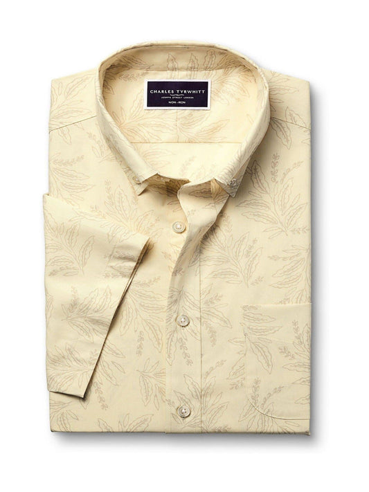 Cotton Leaf Print Short Sleeve Slim Fit Shirt
