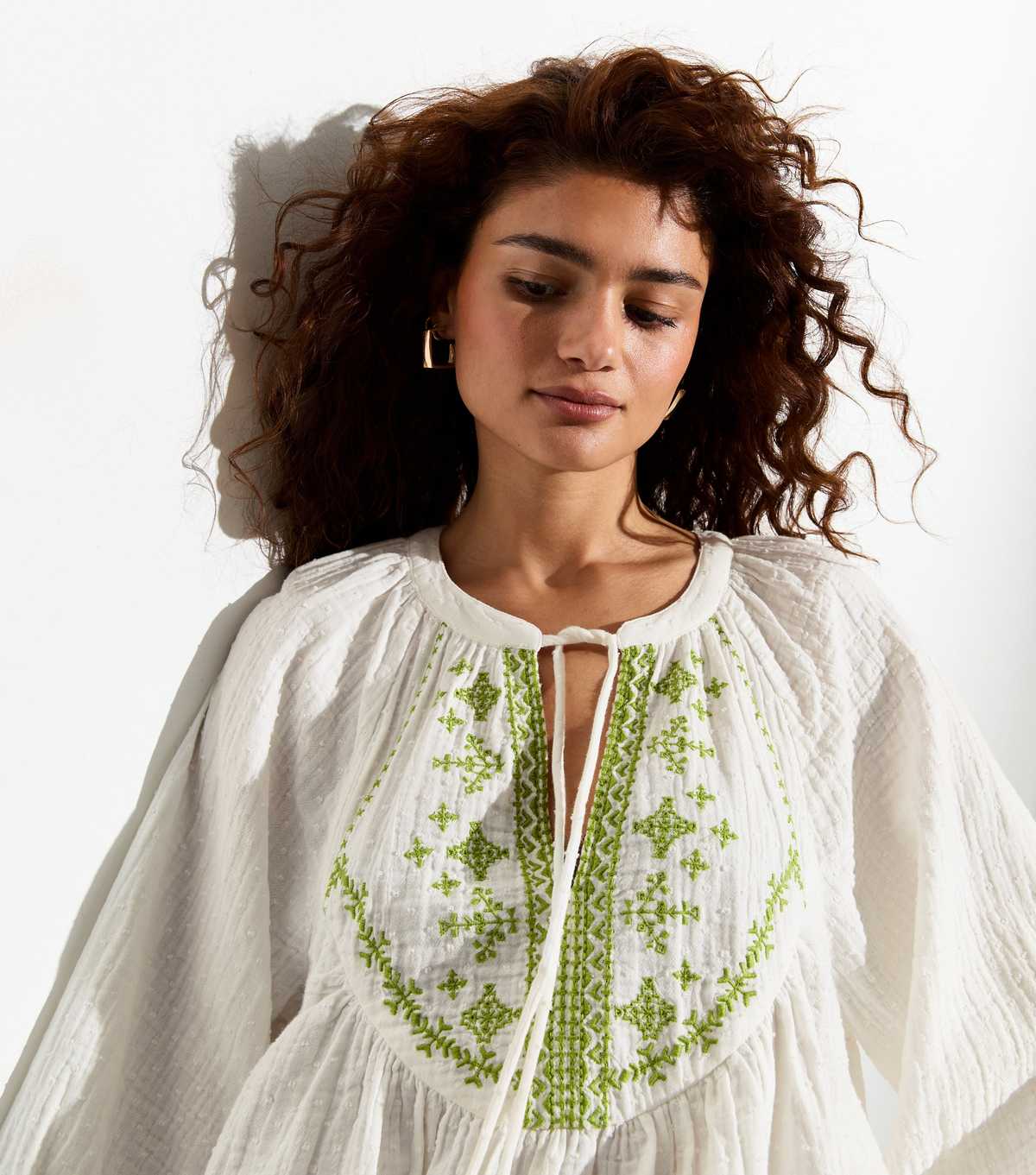 Cream Embroidered Tassel Tie Top