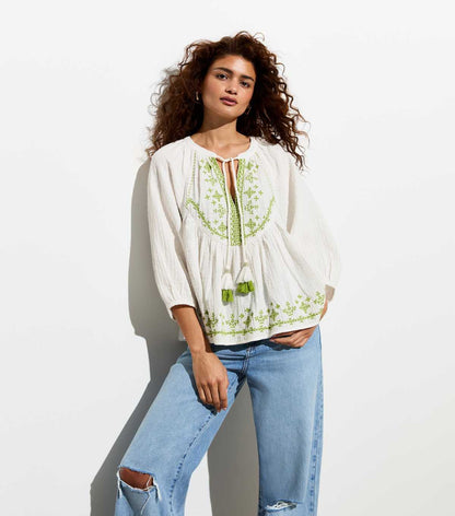 Cream Embroidered Tassel Tie Top