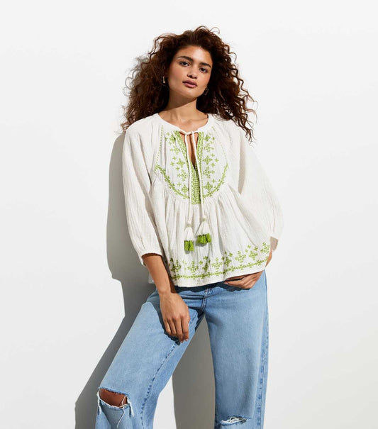 Cream Embroidered Tassel Tie Top