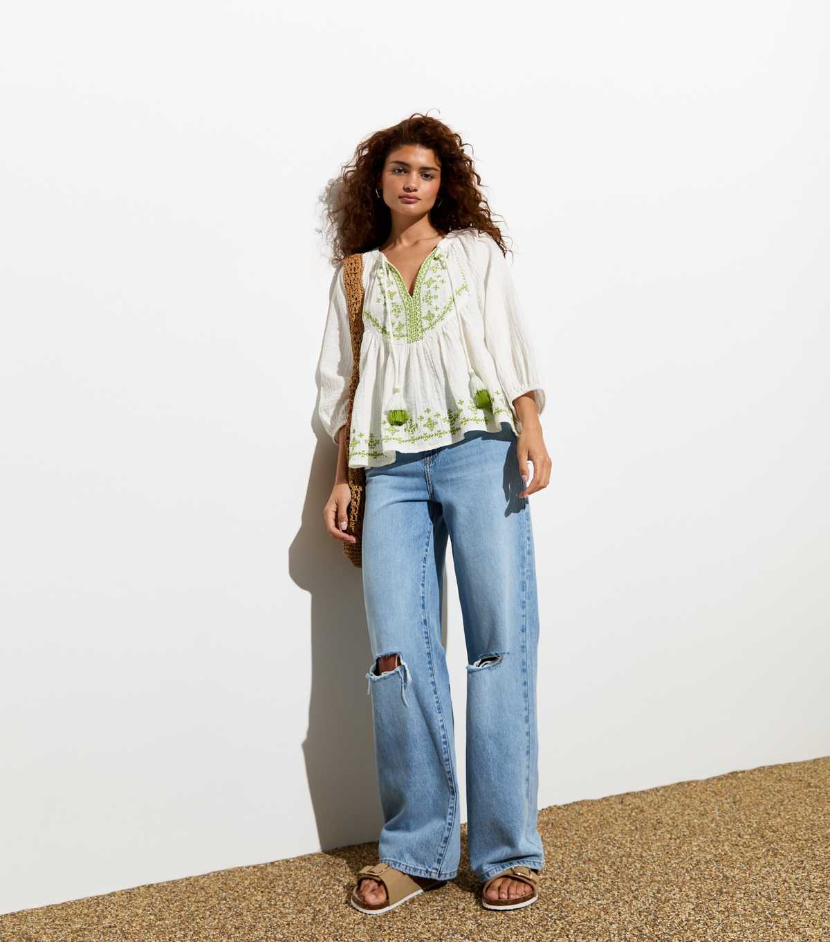 Cream Embroidered Tassel Tie Top