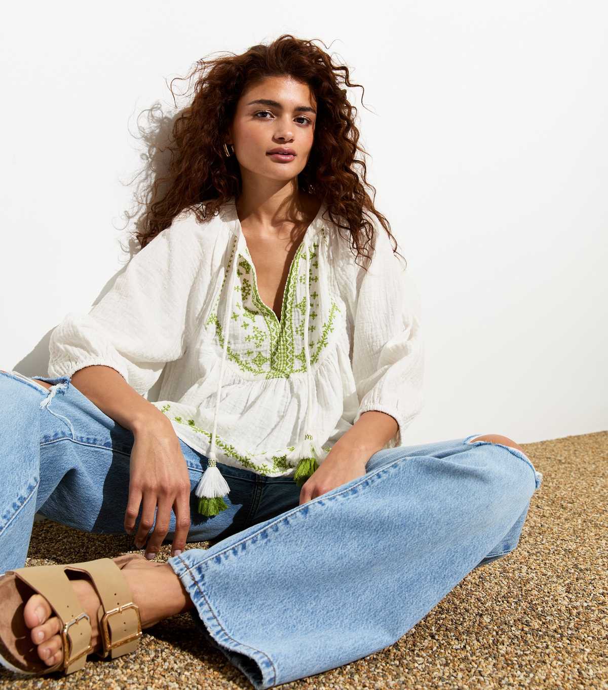 Cream Embroidered Tassel Tie Top