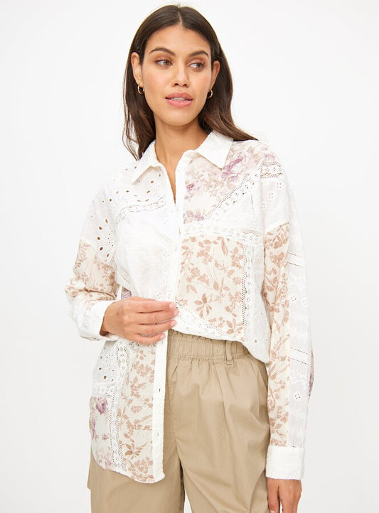 Cream Patchwork Broderie Long Sleeve Shirt