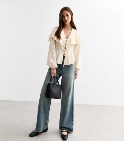 Cream Polka Dot Ruffle Tie Front Blouse