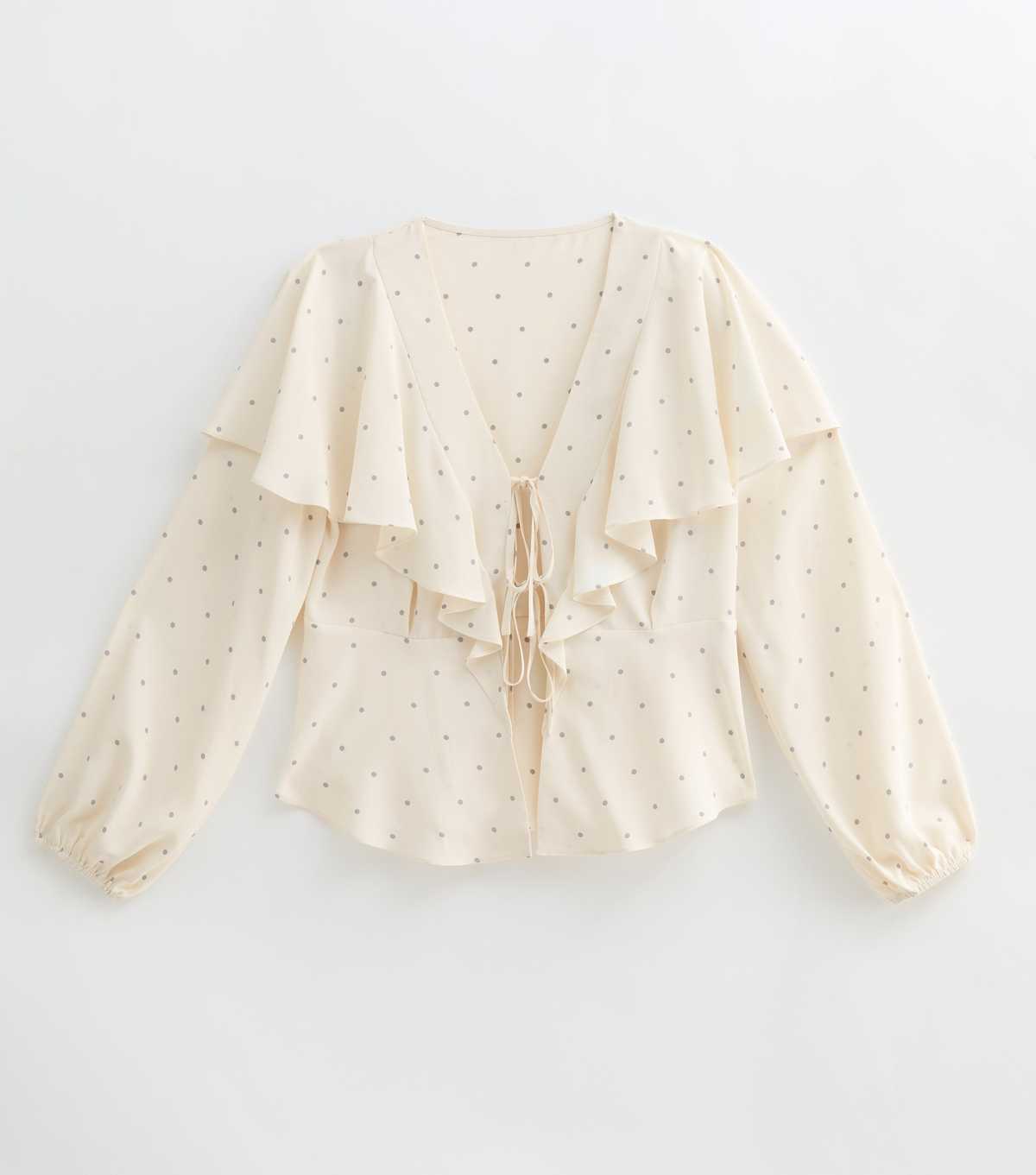 Cream Polka Dot Ruffle Tie Front Blouse
