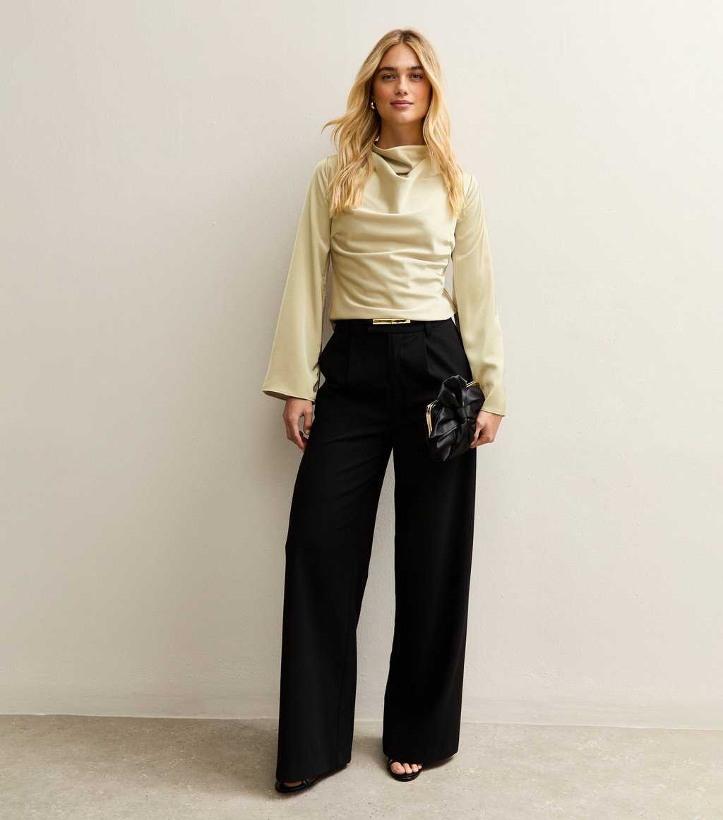 Cream Satin Cowl Neck Long Sleeve Top