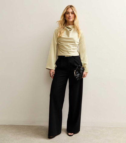 Cream Satin Cowl Neck Long Sleeve Top