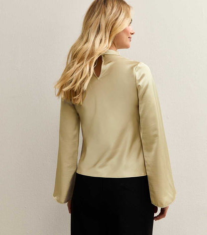Cream Satin Cowl Neck Long Sleeve Top