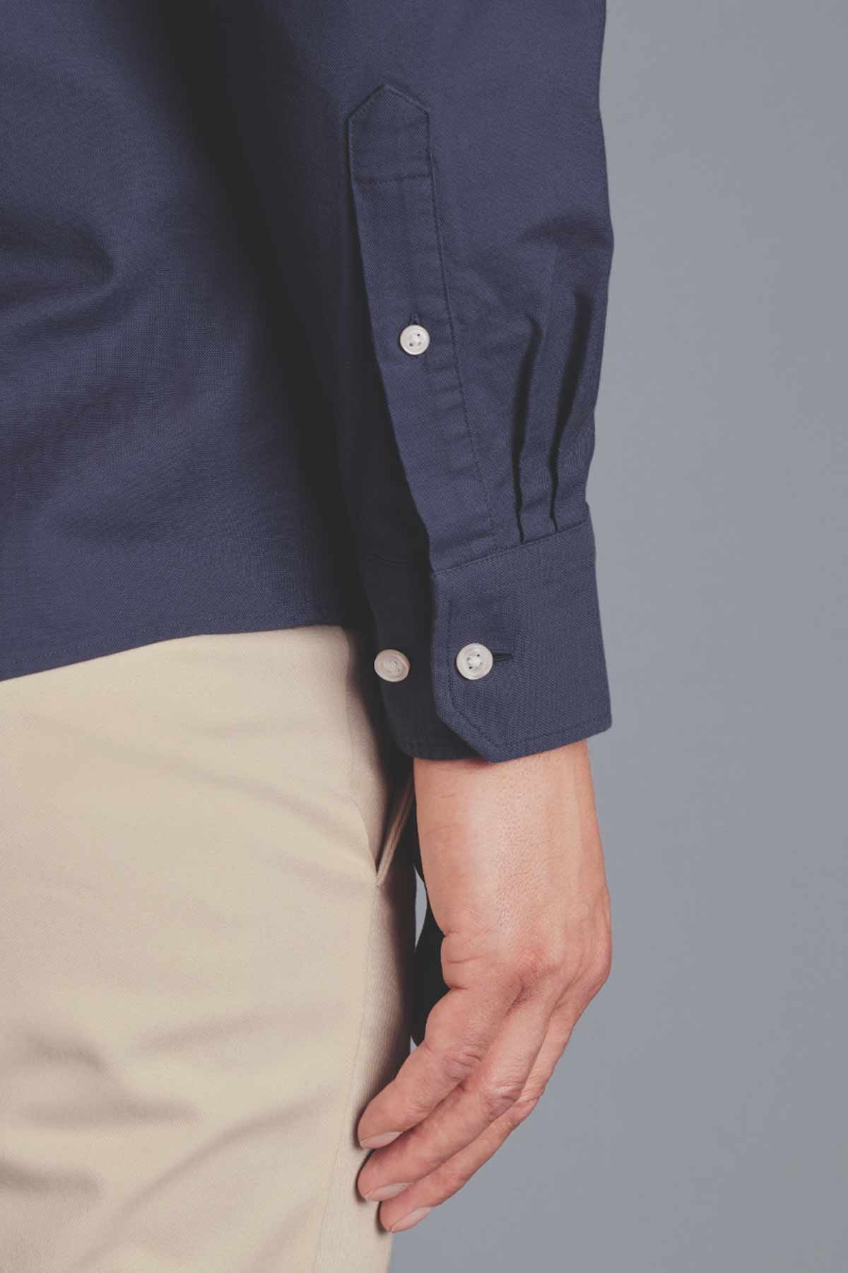 Heather Blue Stretch Washed Oxford Collarless Slim Fit Shirt