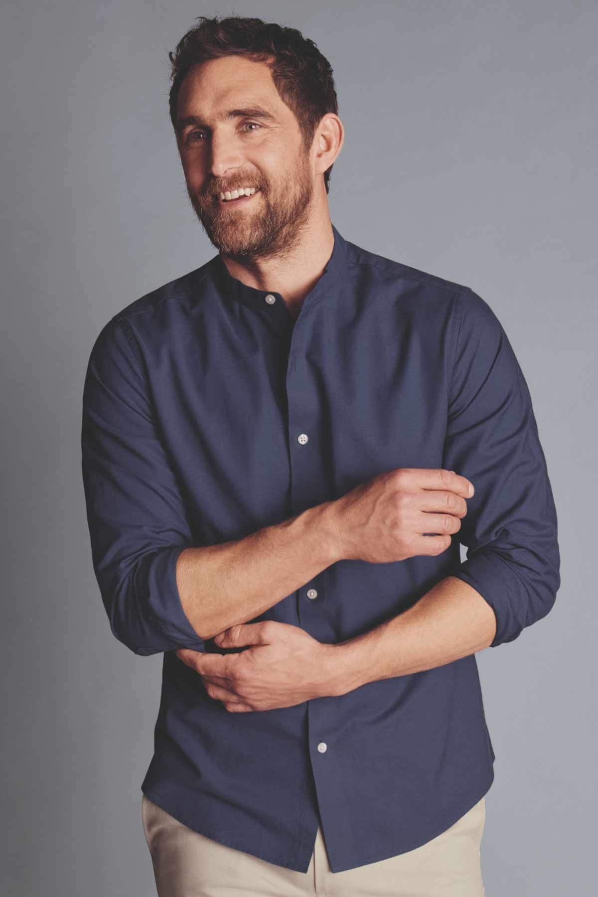 Heather Blue Stretch Washed Oxford Collarless Slim Fit Shirt
