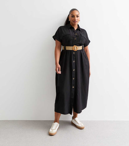 Curves Black Belted Utility Midi Shirt Dress