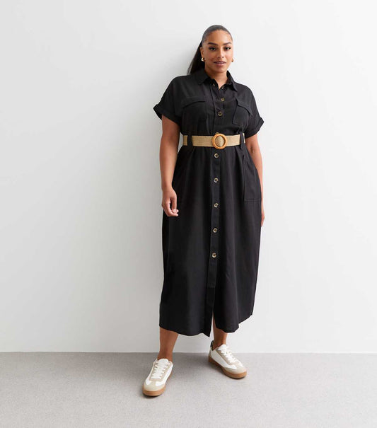 Curves Black Belted Utility Midi Shirt Dress
