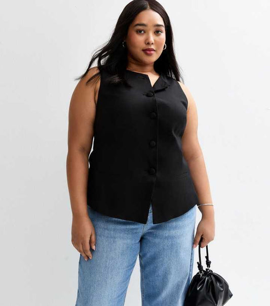 Crew Neck Linen Blend Waistcoat Black