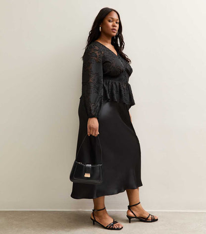 Curves Black Satin Bias Cut Midi Skirt
