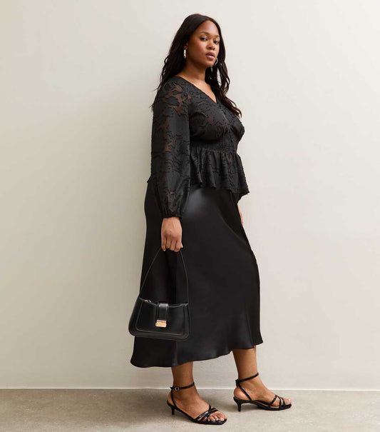 Curves Black Satin Bias Cut Midi Skirt