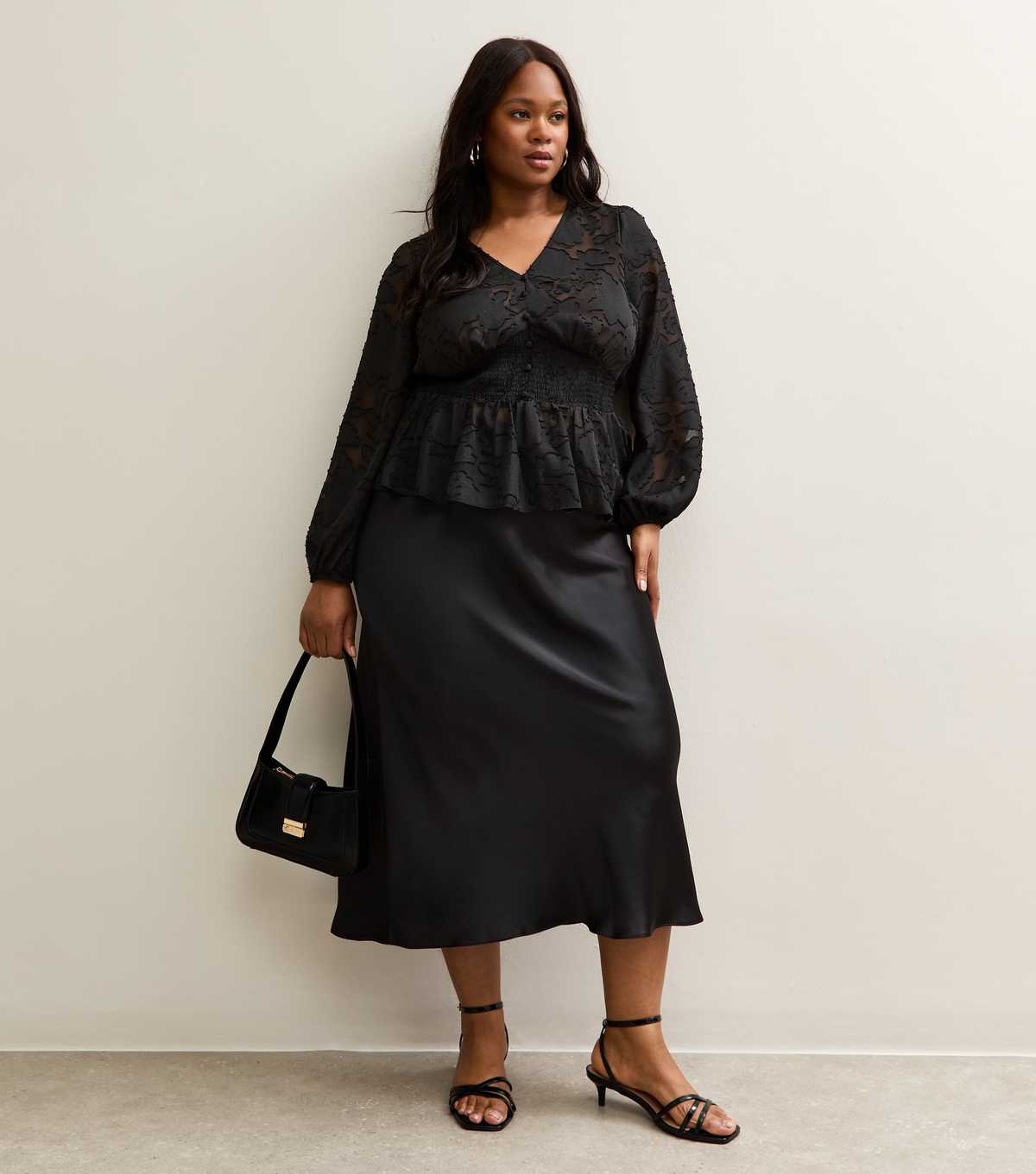 Curves Black Satin Bias Cut Midi Skirt