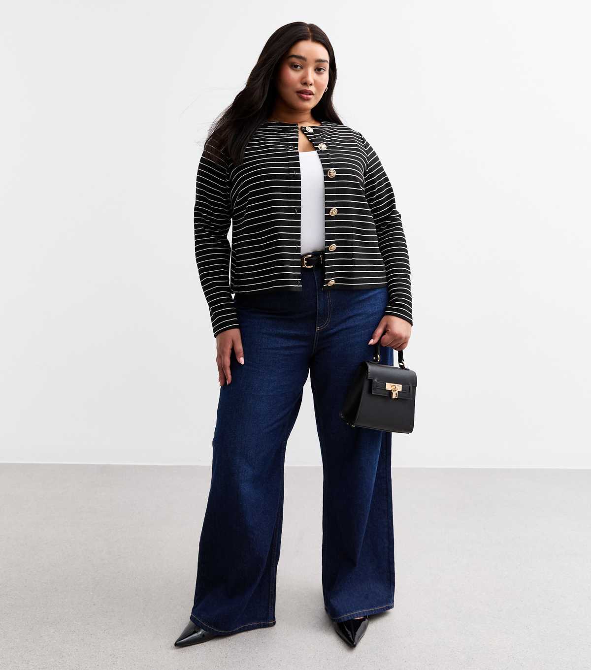Curves Black Striped Button Detail Cardigan
