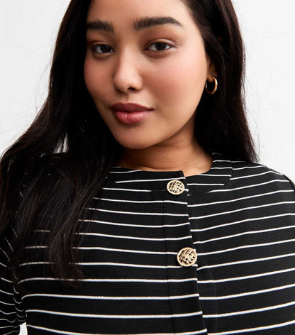 Curves Black Striped Button Detail Cardigan