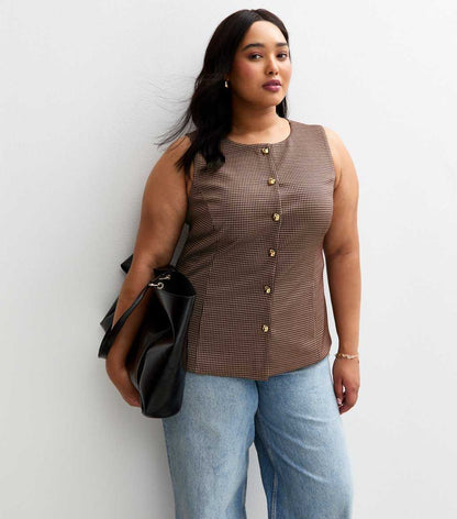 Curve Brown Houndstooth Print Jersey Waistcoat
