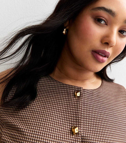 Curve Brown Houndstooth Print Jersey Waistcoat