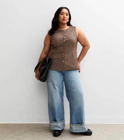 Curve Brown Houndstooth Print Jersey Waistcoat