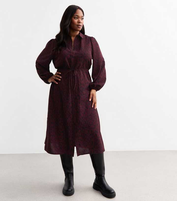 Curves Burgundy Patterned Midi Dress