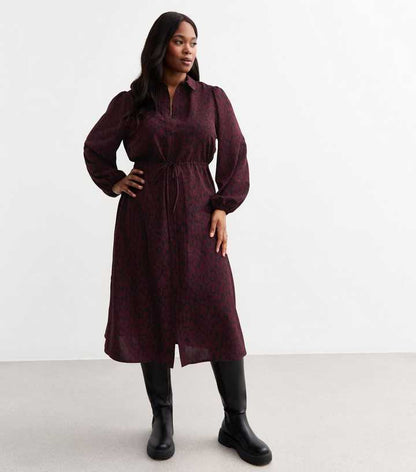 Curves Burgundy Patterned Midi Dress