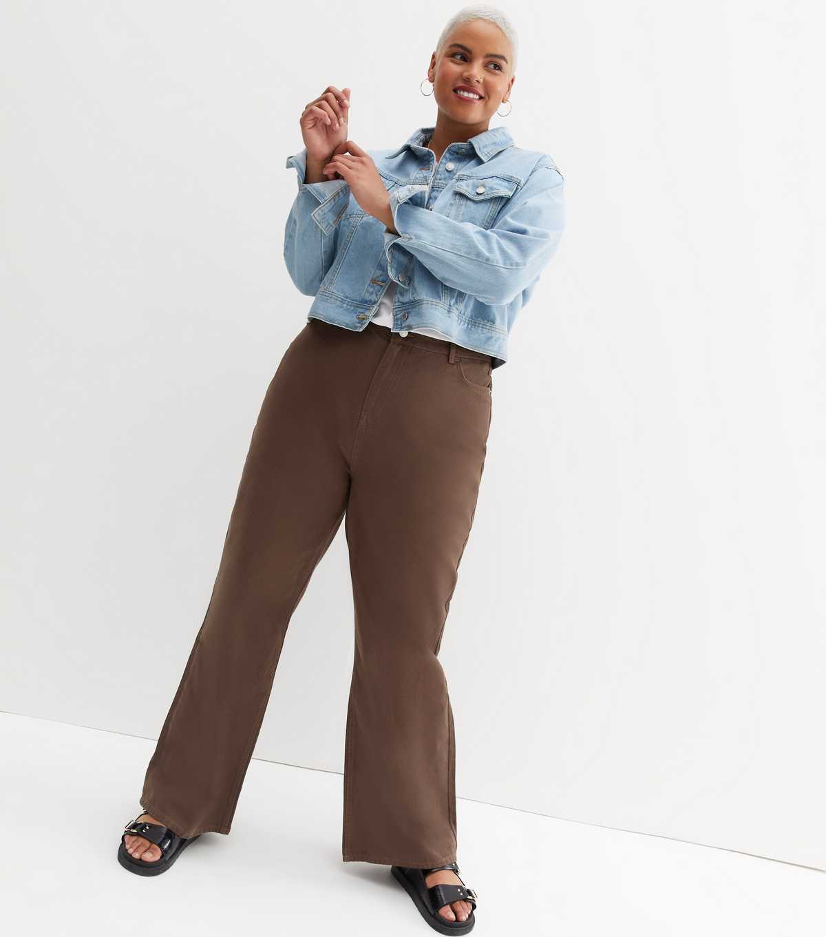 Curves Chocolate Brown Adalae High Waisted Wide Leg Jeans