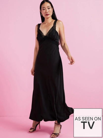 Black Lace Trim Satin Cami Slip Dress