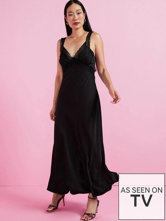 Black Lace Trim Satin Cami Slip Dress