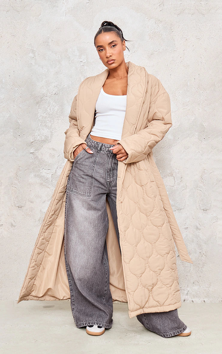 Stone Maxi Belted Quilted Coat