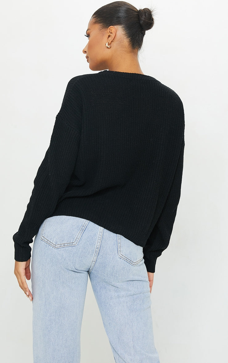 Black Basic Crew Neck Knitted Sweater