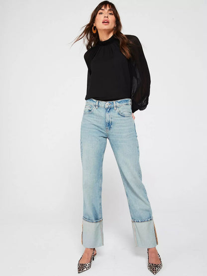 Black Plisse Volume Sleeve Blouse