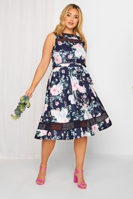 Curve Navy Blue and Pink Floral Mesh Panel Skater Dress