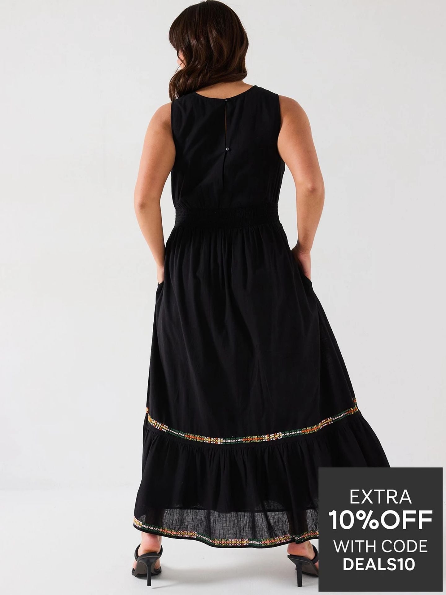 V by Very Curve Embroidered Shirred Waist Sleeveless Midaxi Dress - Black