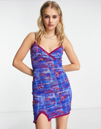 90s Cami Mini Dress in Retro Print with Lace Trim