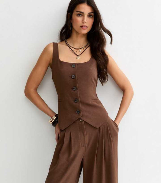 Brown Scoop Neck Button Up Waistcoat