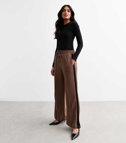 Dark Brown Stripe Trimmed Tailored Wide Leg Joggers