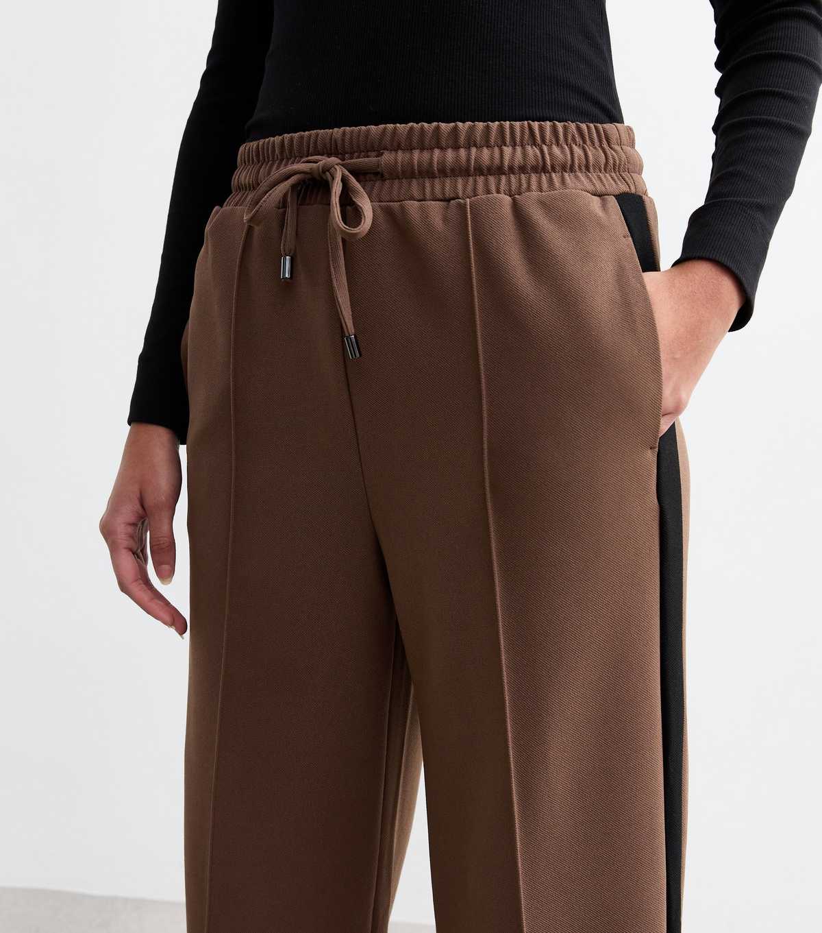 Dark Brown Stripe Trimmed Tailored Wide Leg Joggers