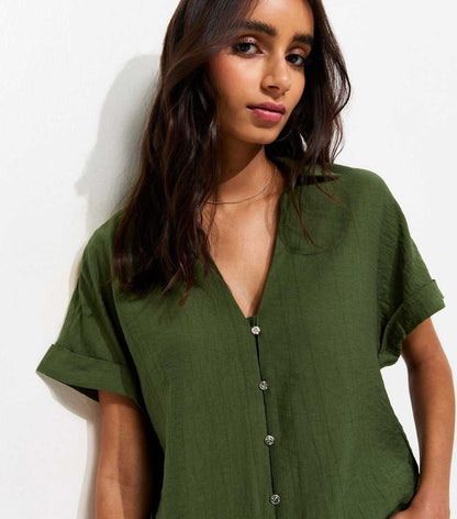 Dark Khaki Crinkle Short Sleeve Shirt