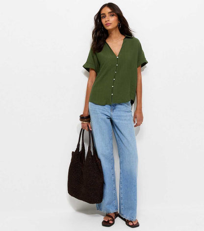 Dark Khaki Crinkle Short Sleeve Shirt