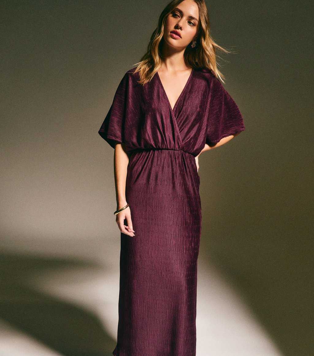 Dark Purple Plisse Batwing Midaxi Dress